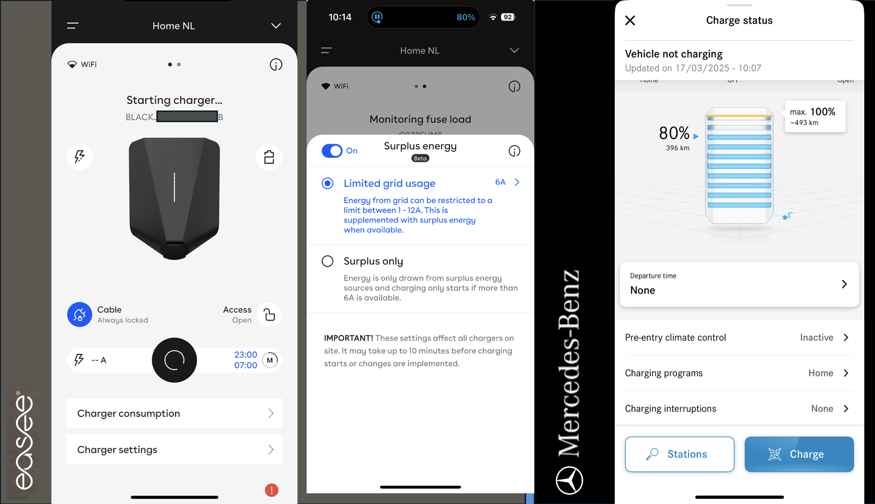 The Easee and Mercedes APPs used to control EV charging
